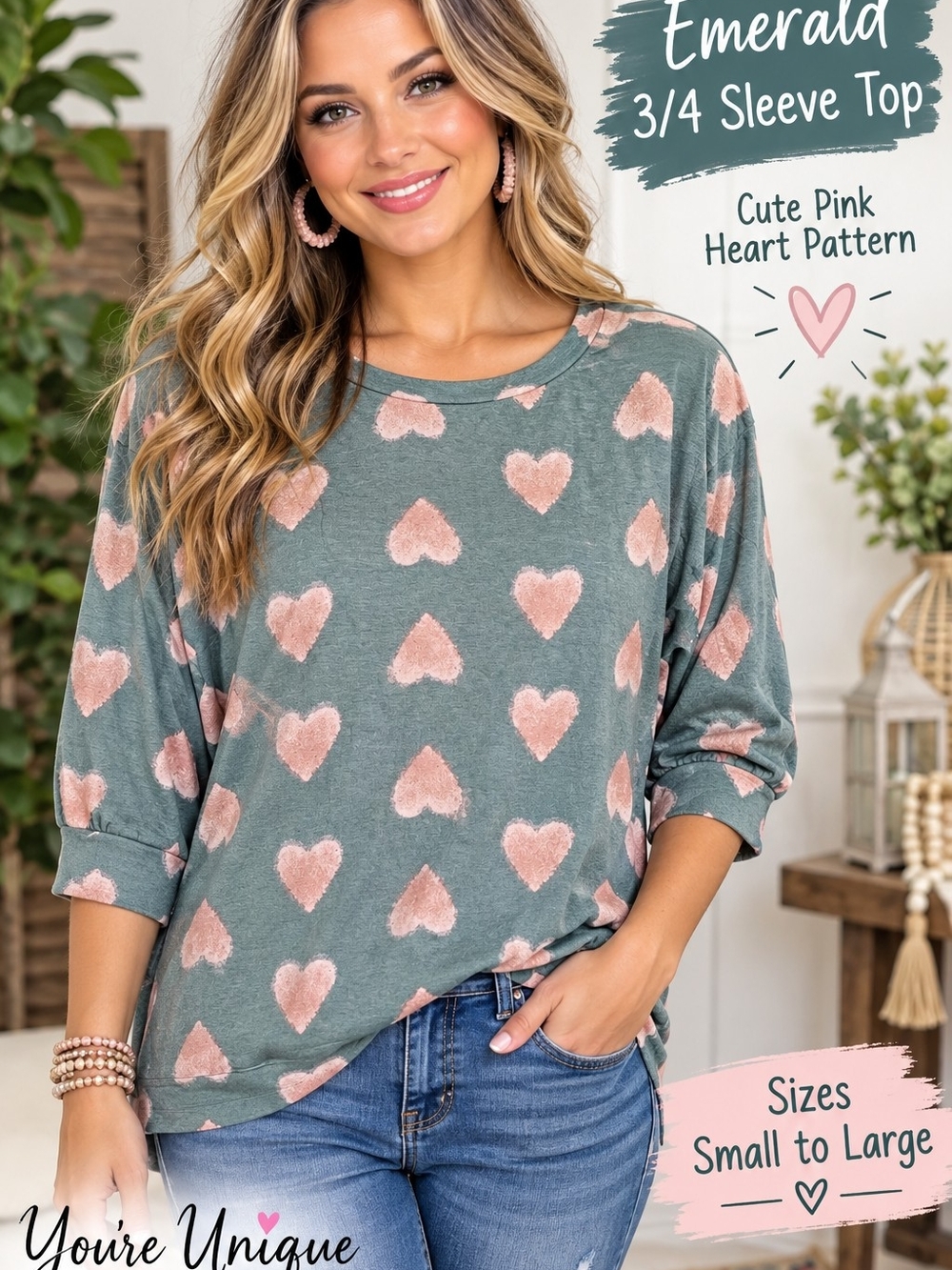 Emerald Green 3/4 Sleeve Top with Pink Heart Print